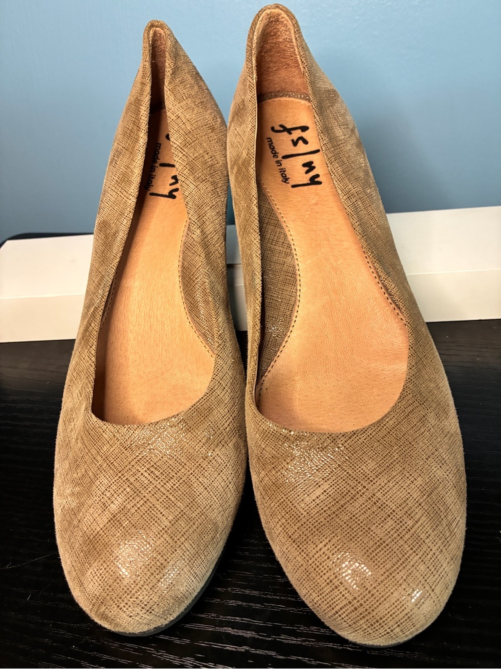 French Sole Shimmering Taupe Textured Round-Toe Flats